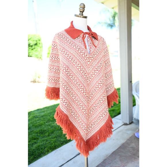 1970's Wool Burnt Orange and Cream Knit Poncho - Picture 7 of 7